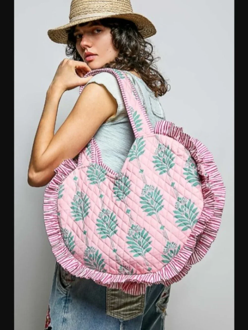 POL Pink Ruffle Trim Quilted Heart Shaped Tote Shoulder Bag NEW